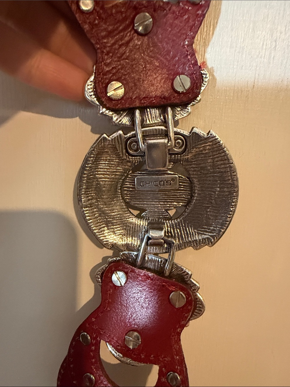 Chico's Red Braided Leather Belt with Gold-Tone Medallions - Picture 2 of 4